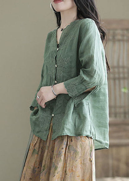 Aqua Green Patchwork Linen Shirt Embroidered Half Sleeve