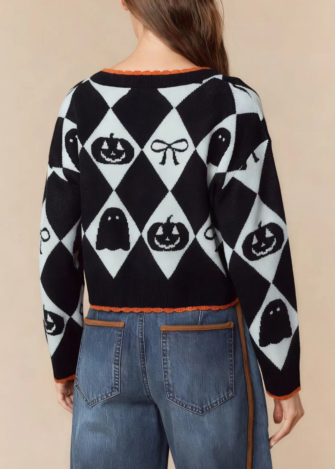 Black V Neck Jacquard Knit Short Sweaters Fall