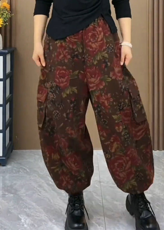 Coffee Pockets Print Elastic Waist Cotton Pants Spring