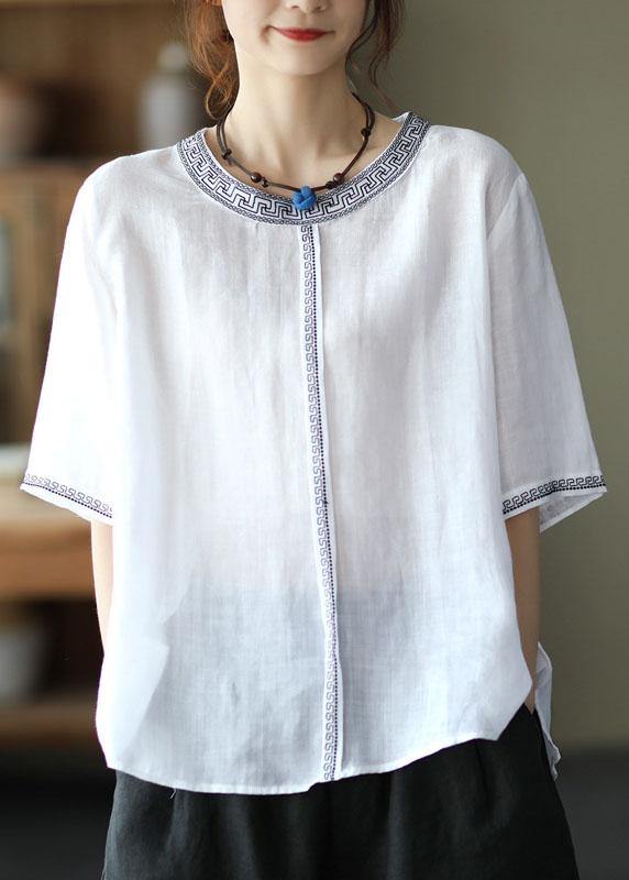 Natural Black O-neck Embroidered Summer Ramie Blouses Half Sleeve