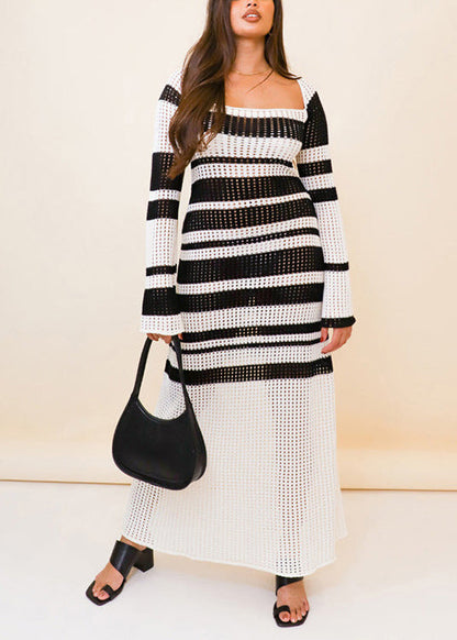 Contrasting Color U-neck Hollow Out Knit Cover Up