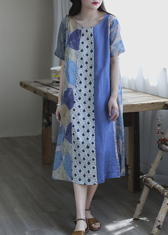 Simple Blue O-neck Print Short Sleeve a Line Fall Dress
