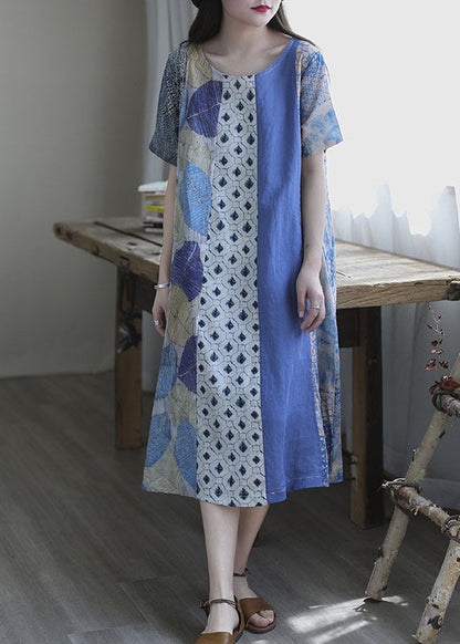 Simple Blue O-neck Print Short Sleeve a Line Fall Dress