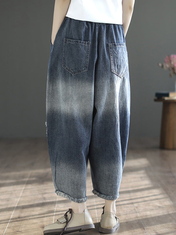Hollow Elasticity Applique Denim Ninth Pants