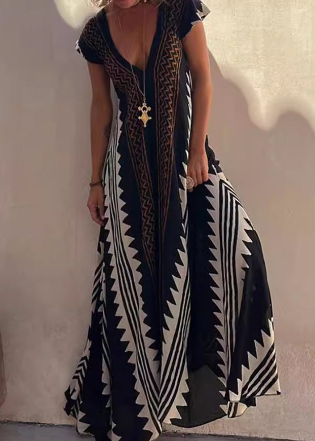 Black V Neck Print Cotton Long Dresses Summer