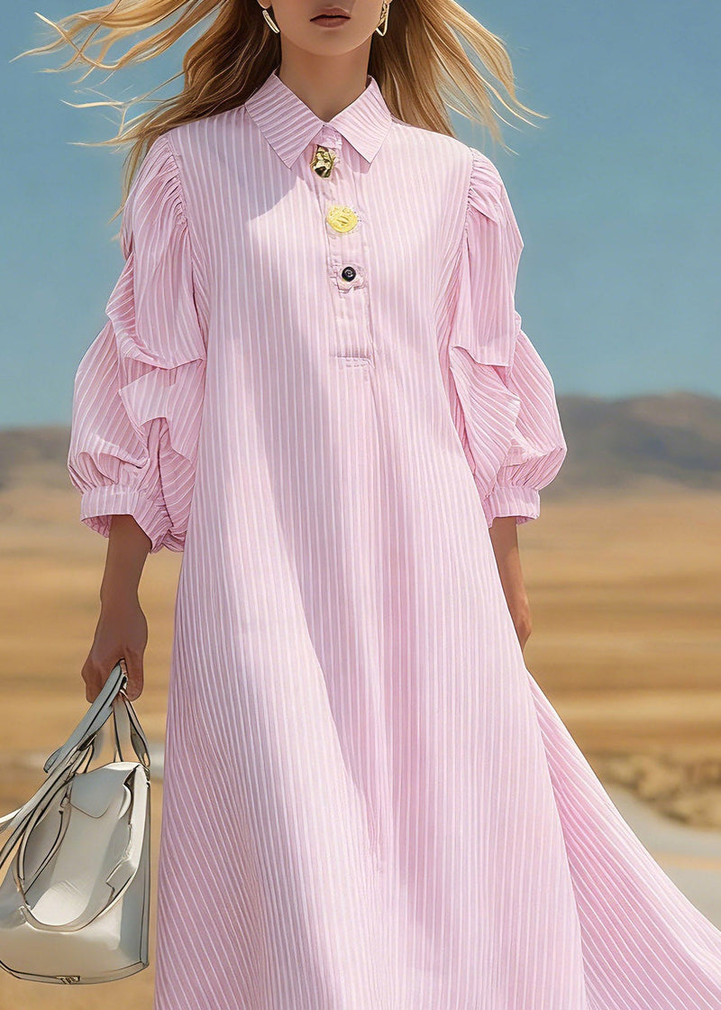 Pink Peter Pan Collar Striped Long Dress Three Quarter Sleeve
