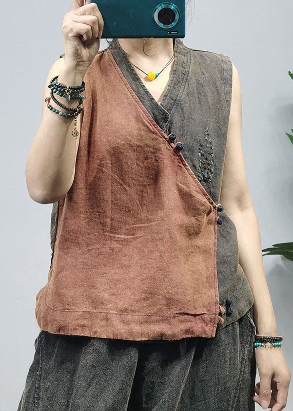 Khaki Chinese Button Patchwork Linen Vest Top Sleeveless