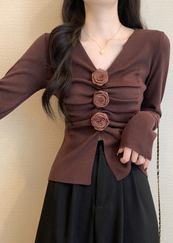 Brown Knit Pullover Side Open Spring