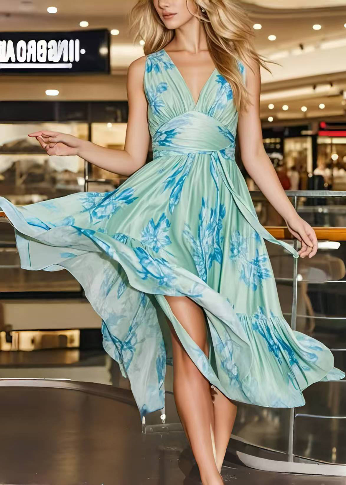 Light Green Print Draping Chiffon Cami Dress Summer