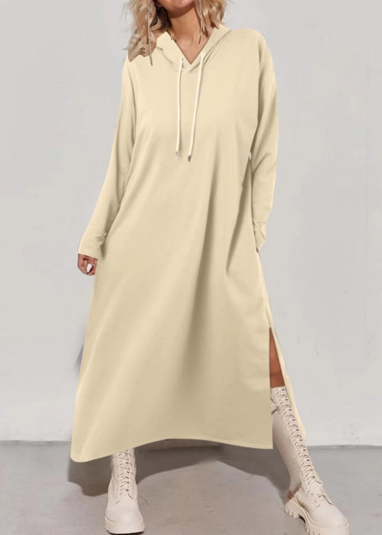 Tea Green Hooded Side Open Cotton Long Dress Fall