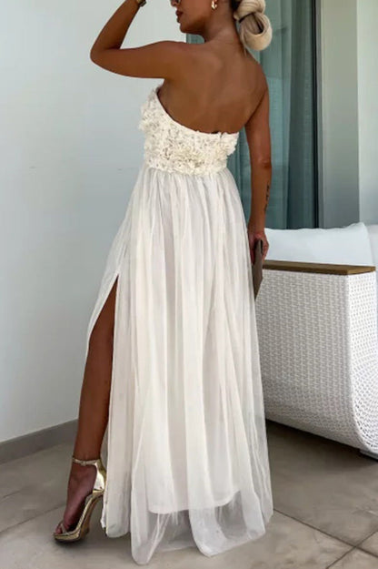 Romance and Lightness Tulle Texture Pleated Patchwork Strapless Slit Maxi Dress