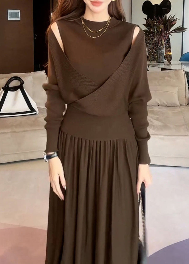 Stylish Brown Asymmetrical Cotton Knit Sweater and Maxi Skirts Two Pieces Set Winter
