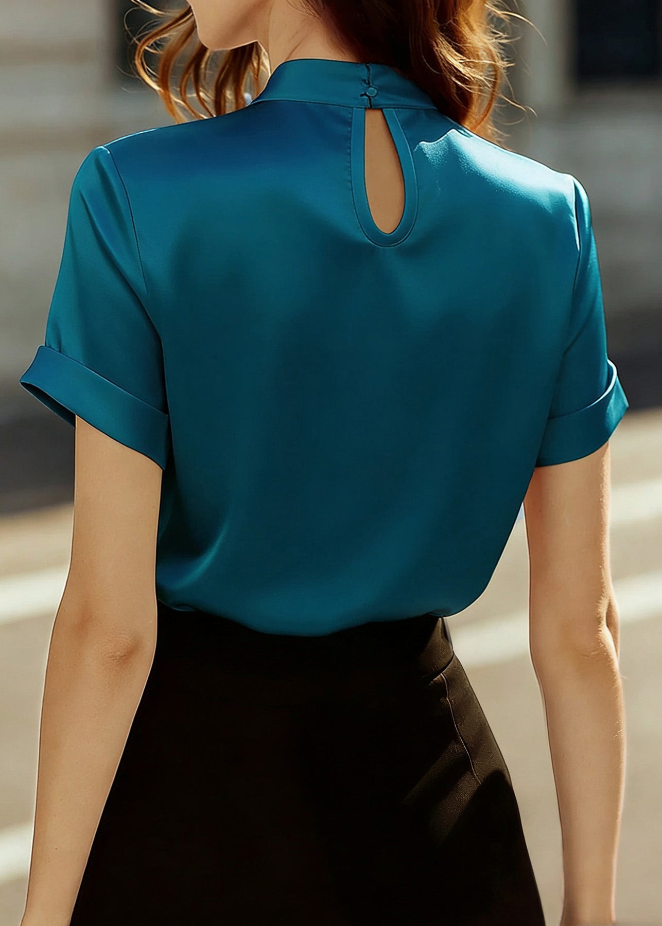 Boutique Blue Green Stand Collar Patchwork Silk Shirts Summer