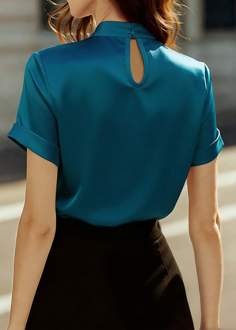 Boutique Blue Green Stand Collar Patchwork Silk Shirts Summer