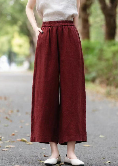 Wine Red Linen Summer Crop Pants Elastic Waist