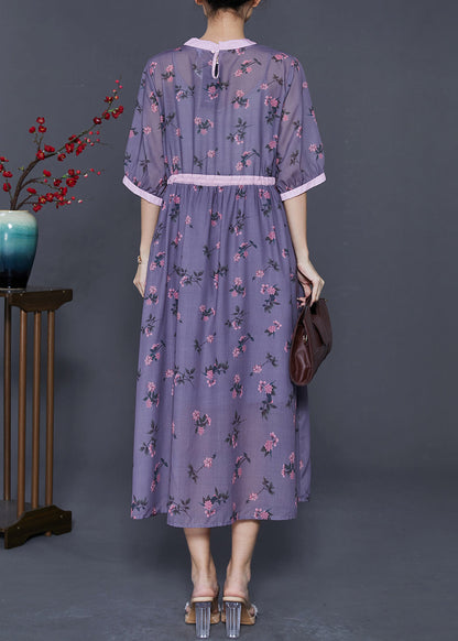 Handmade Dull Purple Cinched Print Linen Dress Summer