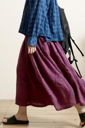 Summer Green and Purple Loose Linen Skirt for