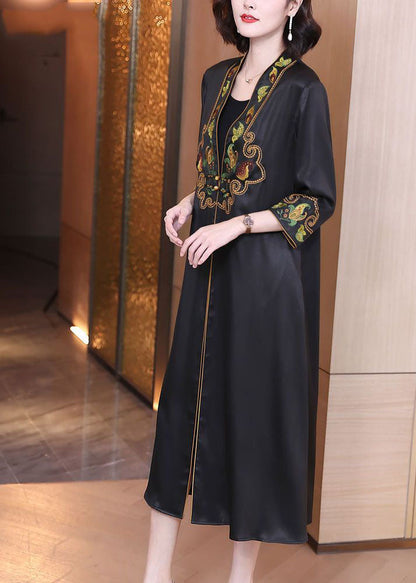 Black V Neck Print Draping Silk Long Cardigans Bracelet Sleeve