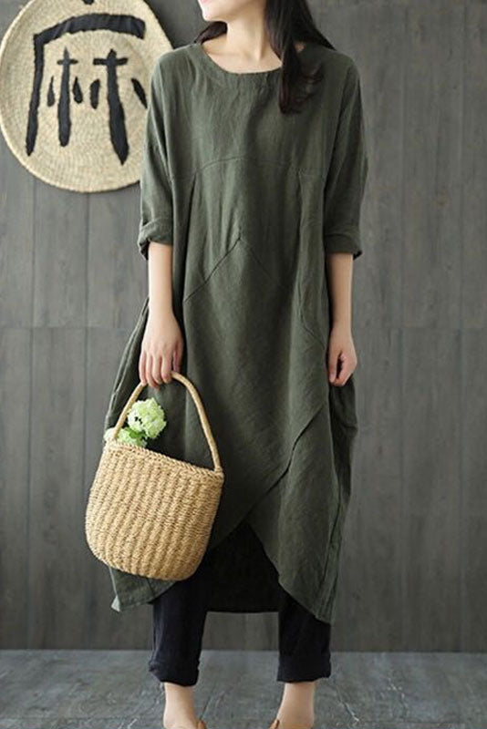 -new Loose Cotton Linen Dress Long Sleeve Dress