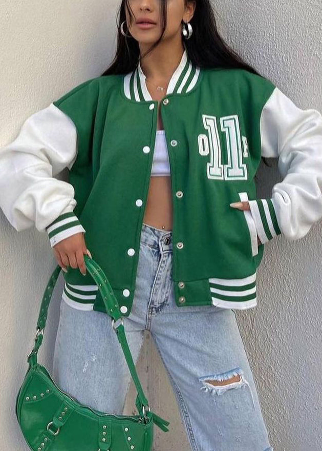 Green Printed Thick Baseball Uniform Coat Autumn