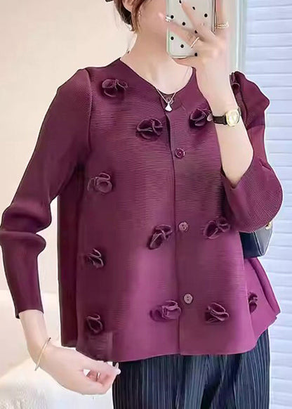 Unique Purple O Neck Wrinkled Silk Top Fall