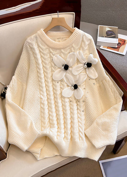 Beige Nail Bead Cozy Knit Sweaters O Neck Winter