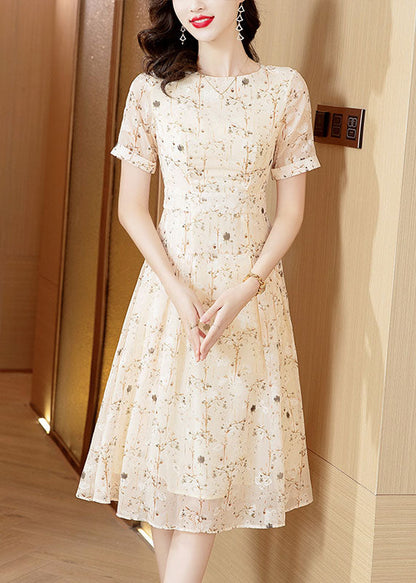 Italian Apricot O-neck Print Wrinkled Chiffon Dresses Summer