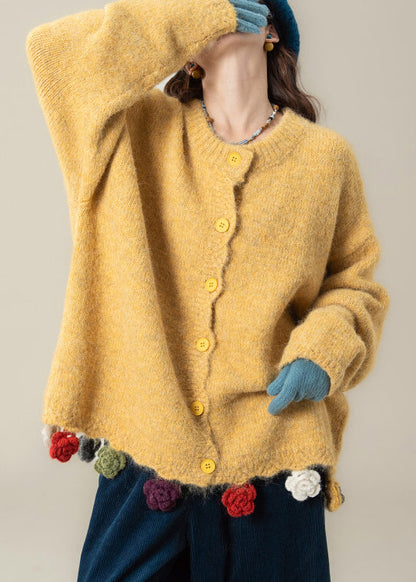 Yellow Button Cozy Knit Coat O Neck Batwing Sleeve