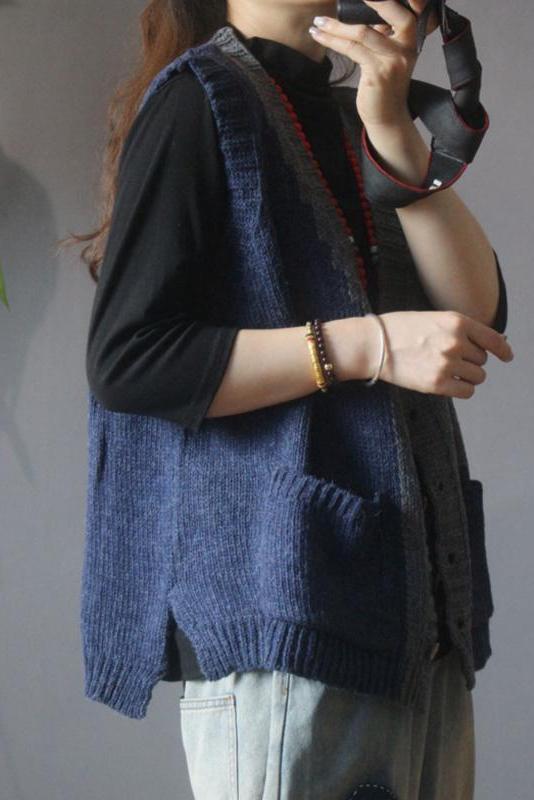 Retro Knitted Color Contrast Sleeveless Sweater Coat