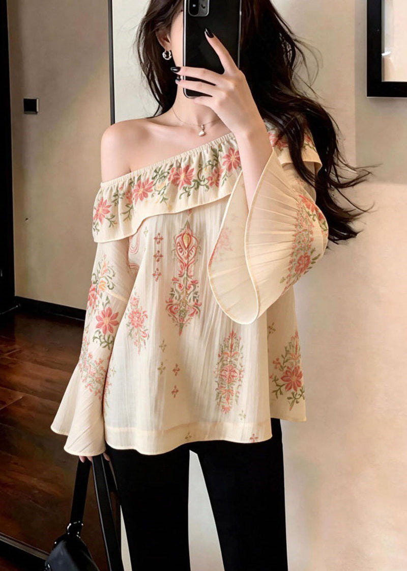 Beige Slash Neck Print Cotton Strapless Blouses Spring