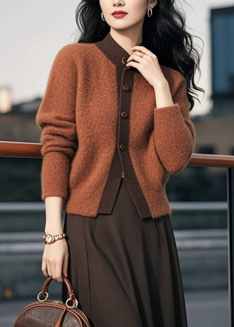 Brown Stand Collar Button Patchwork Knit Cardigans Spring