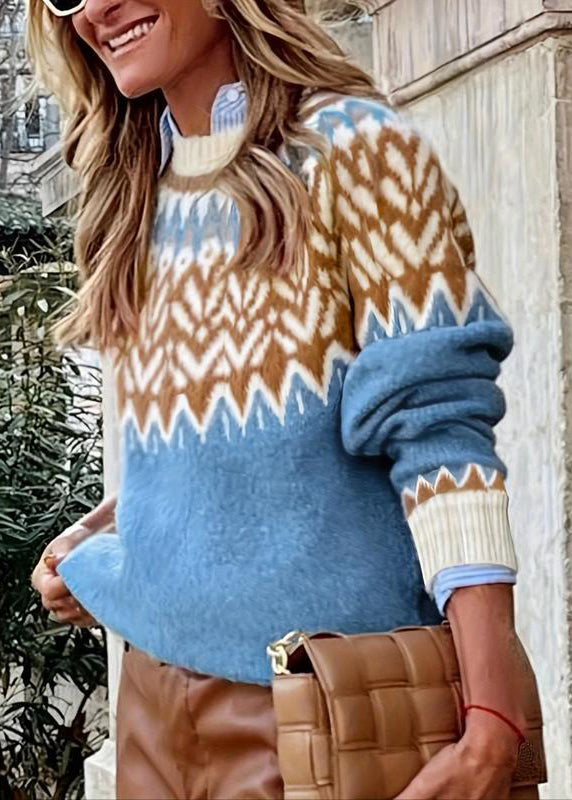 Handmade Brown O Neck Print Knit Sweaters Fall