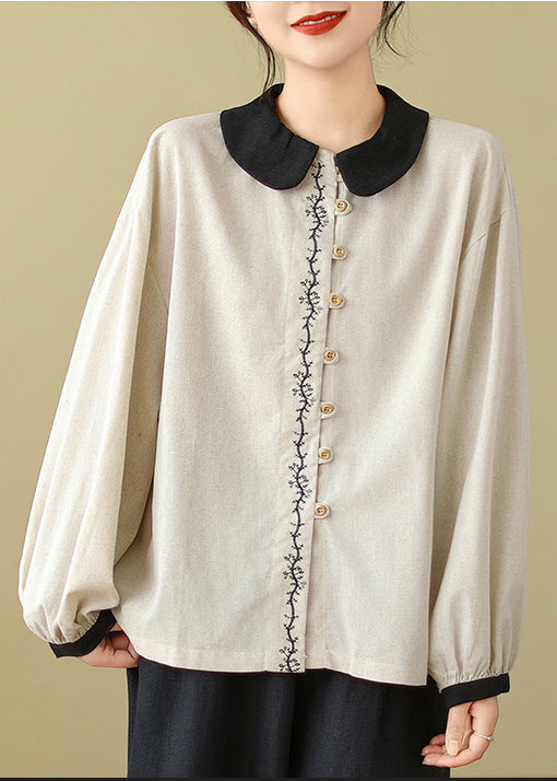 White Embroidered Patchwork Linen Shirts Spring