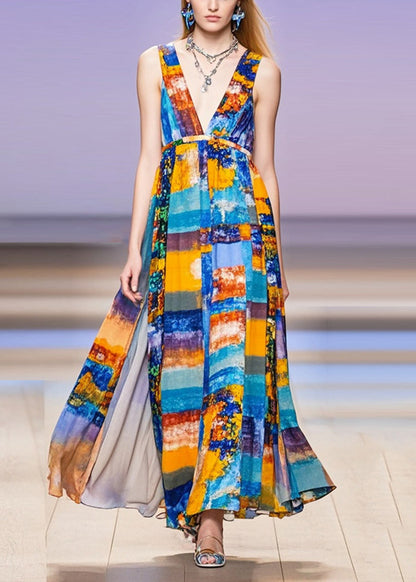 V Neck Print Chiffon Long Dress Sleeveless