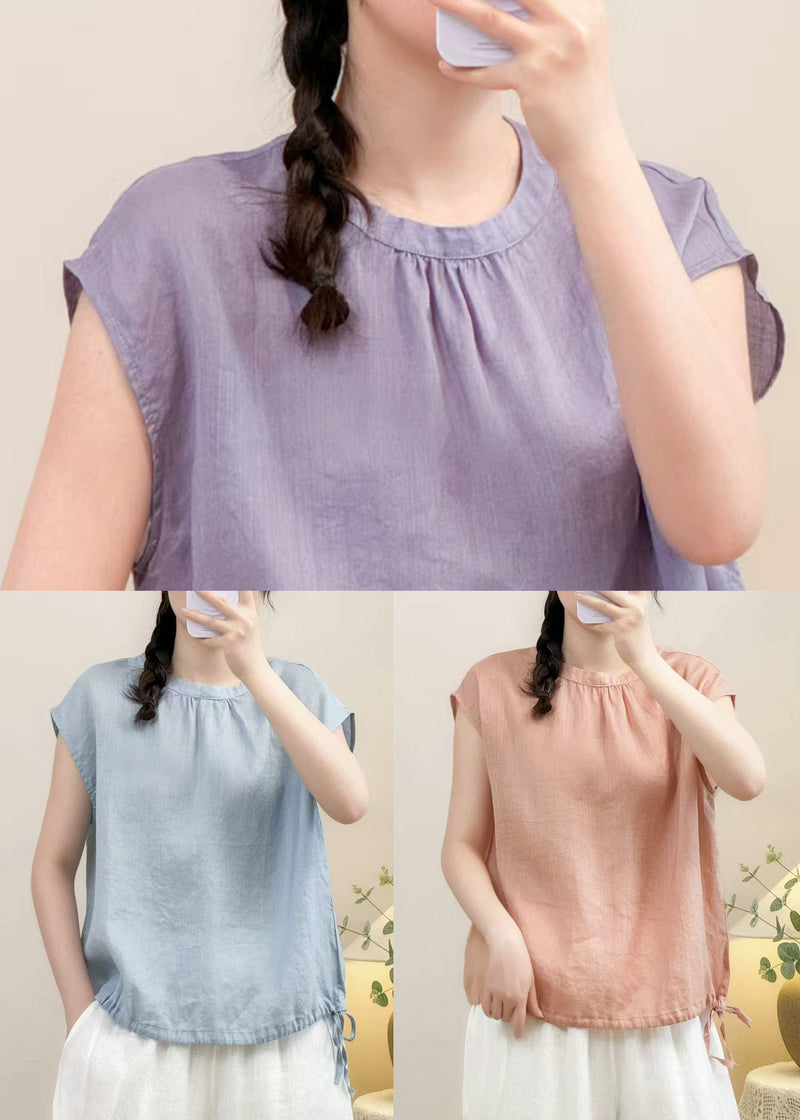 Cozy Pink O Neck Linen Shirt Summer