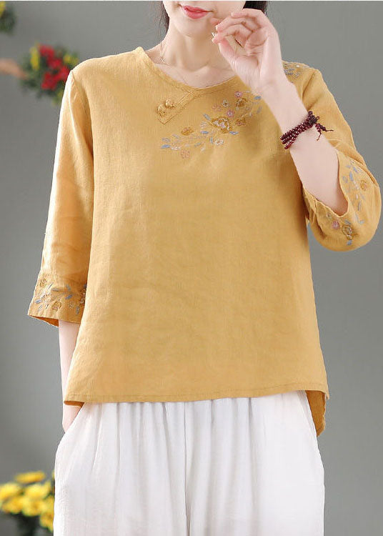 Style Yellow O-neck Embroidered Linen Top Three Quarter Sleeve