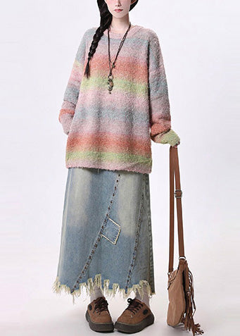 Blue Tasseled Patchwork Rivet Denim a Line Skirt Spring