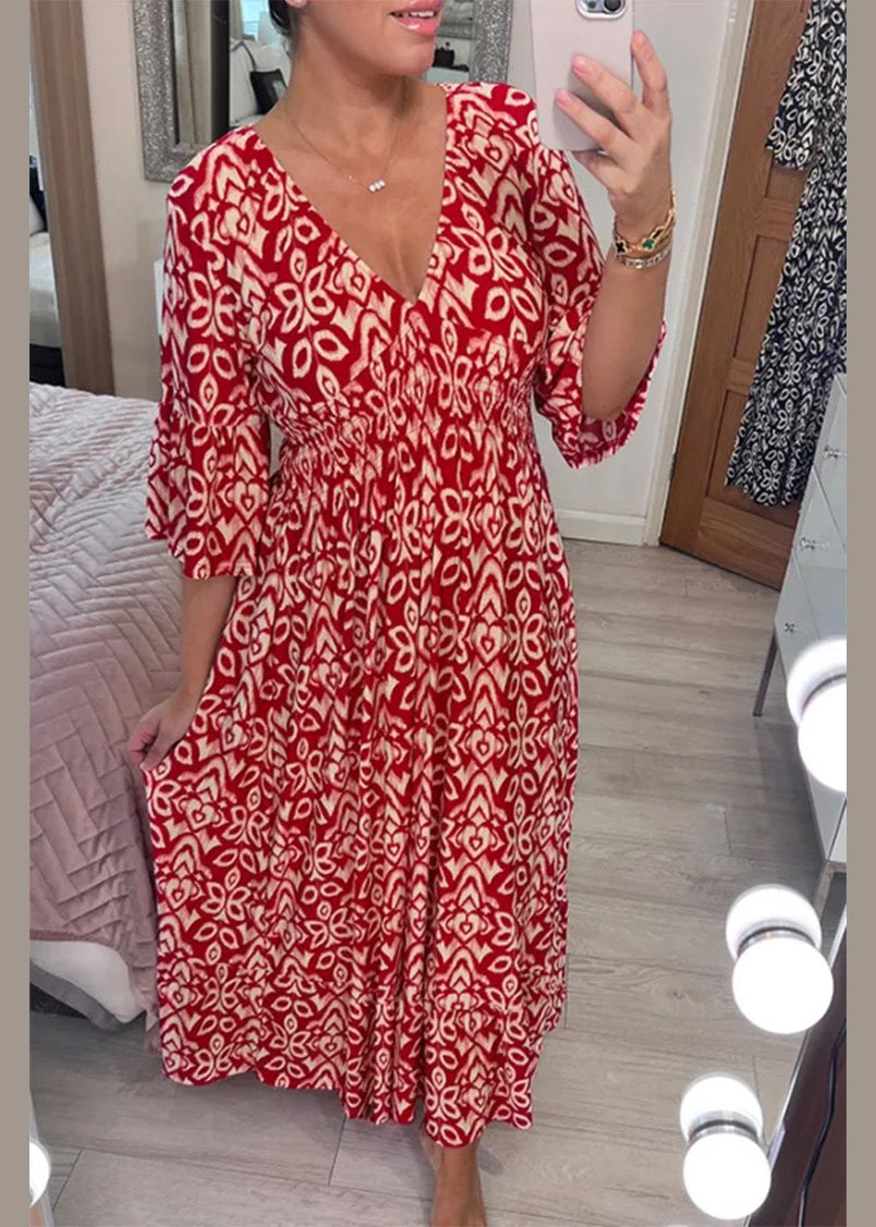 Red V Neck Print Cotton Dresses Summer