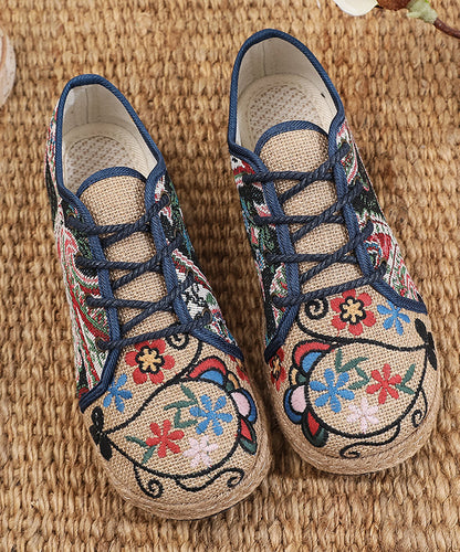 Retro Style Embroidered Lace Up Linen Flat Shoes