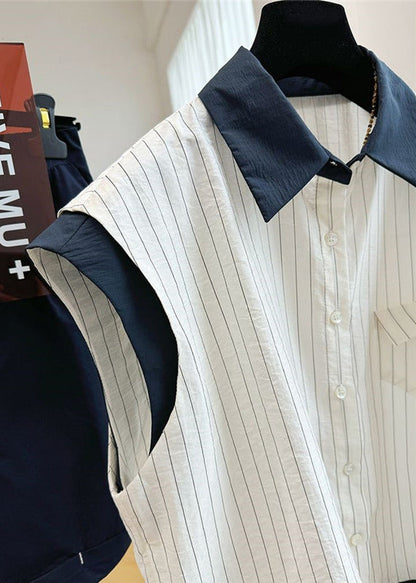 Stylish White Striped Patchwork Cotton Beach Vest Sleeveless