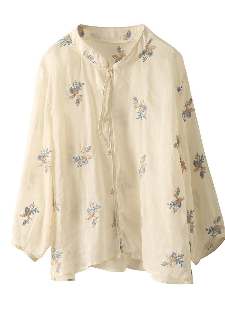 White Stand Collar Embroidered Linen Blouses Spring