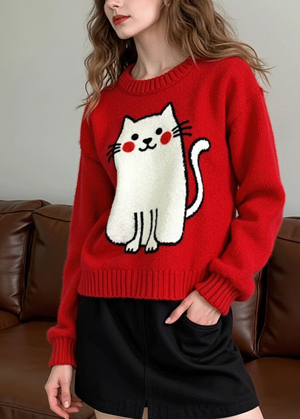 Red Embroidered Cat Knit Pullover Winter