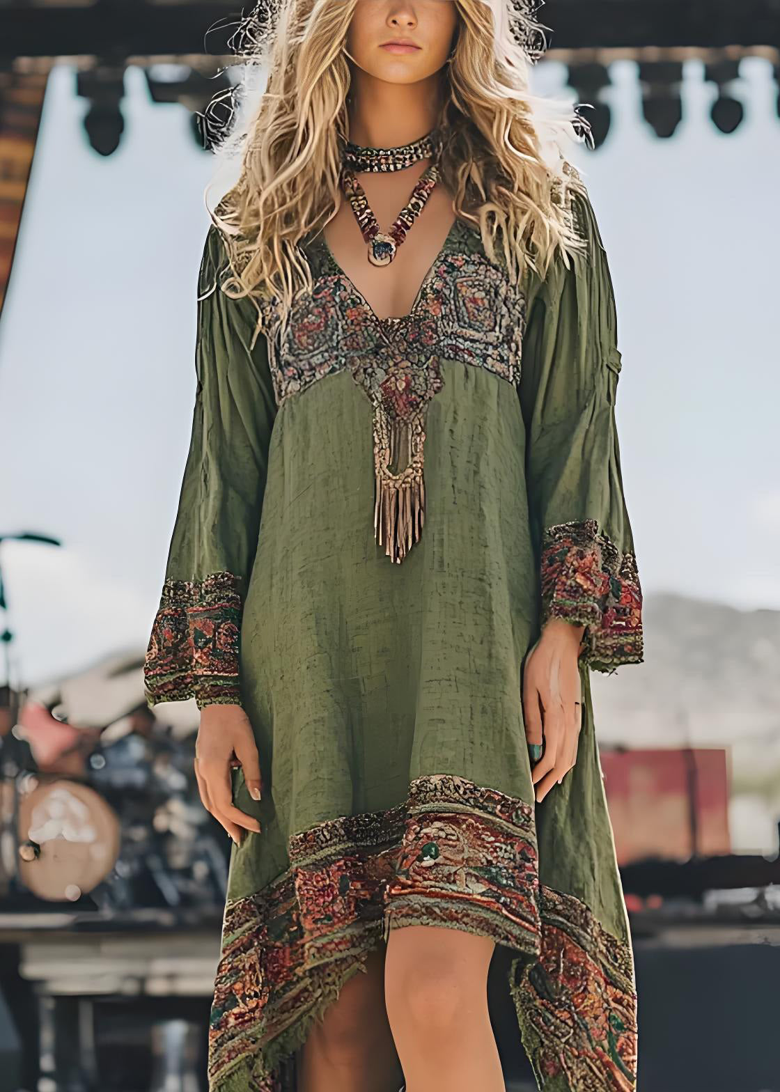Loose Green V Neck Asymmetrical Design Print Dresses Spring