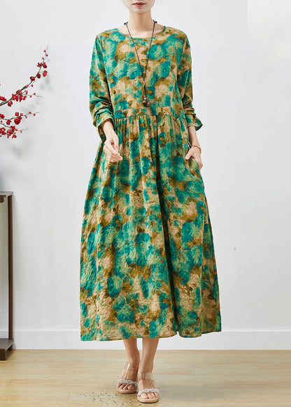 Green Cinched Print Cotton Long Dress Spring