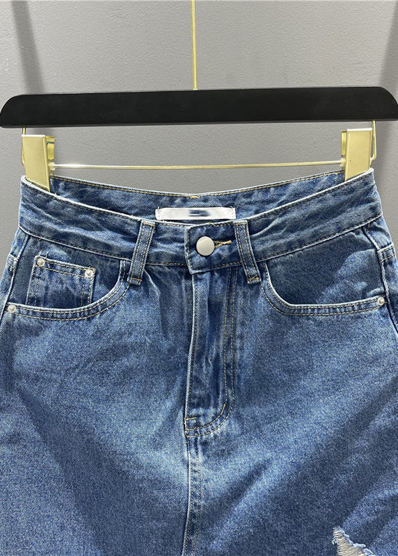 Blue Asymmetrical Pockets Tassel Hole Denim Skirts