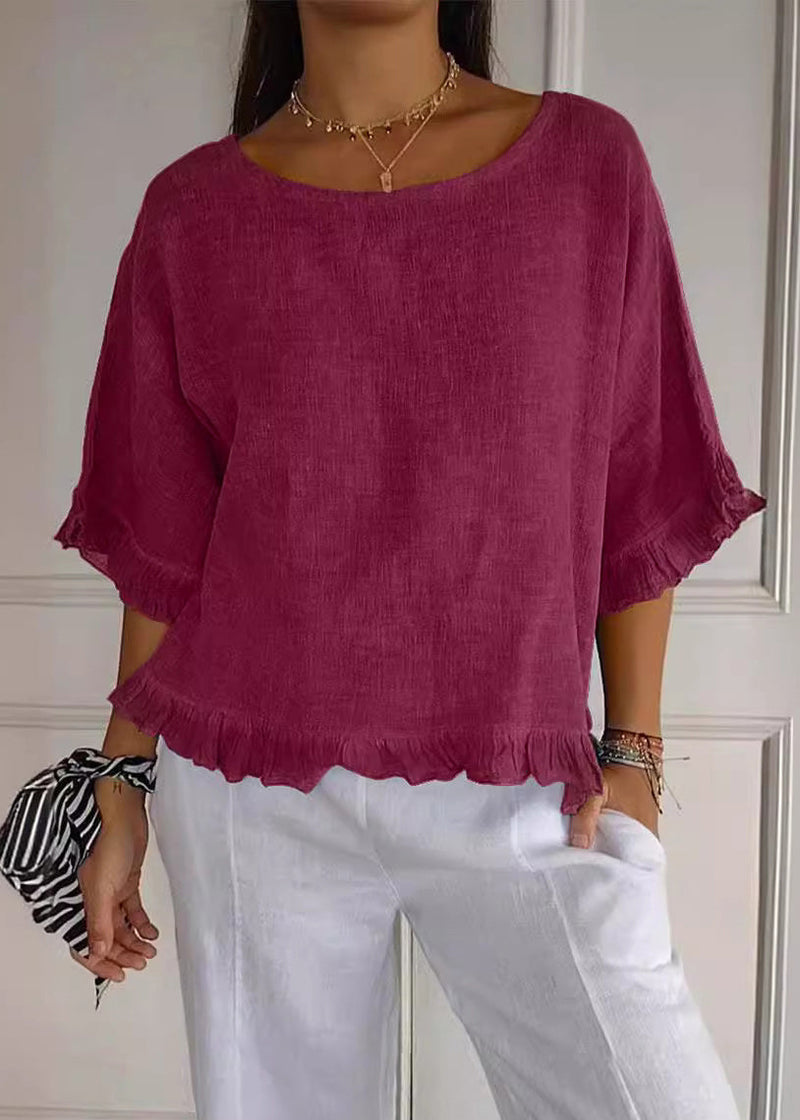Apricot O-neck Ruffled Cotton Blouses Summer