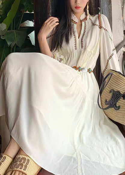 White Wrinkled Patchwork Cotton Long Dress Bracelet Sleeve