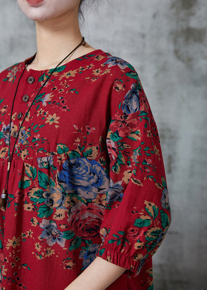 Red Oversized Print Cotton Long Dress Summer