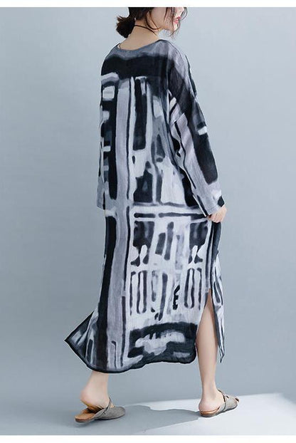Loose Black Print Loose Linen Maxi Dresses for