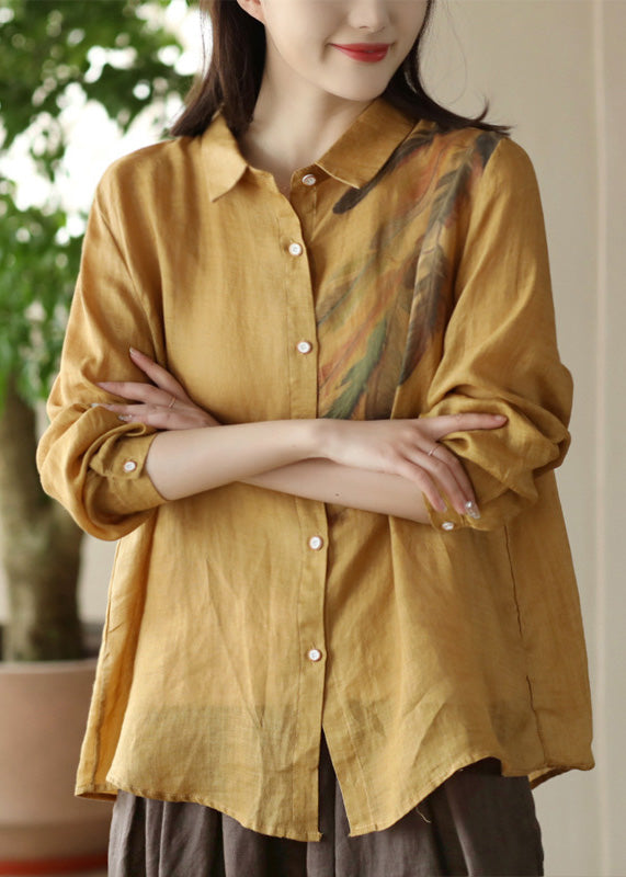 White Peter Pan Collar Print Ramie Shirts Spring